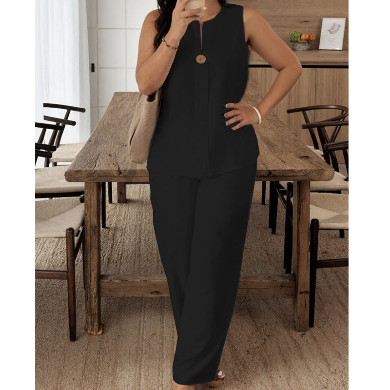 Ensemble Décontracté en Lin Mélangé - Top Sans Manches et Pantalon Large