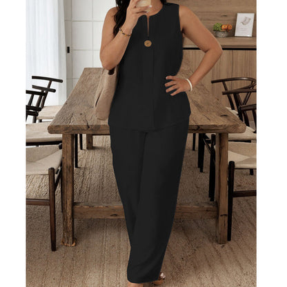 Ensemble Décontracté en Lin Mélangé - Top Sans Manches et Pantalon Large