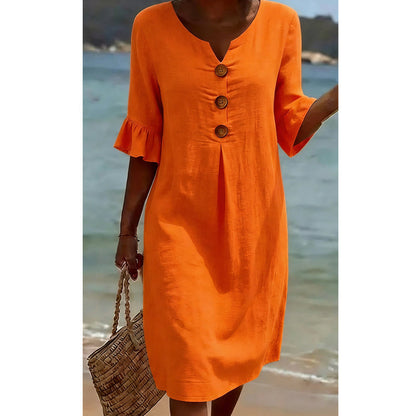 🔥Robe midi unie à manches volantées pour femme✈️