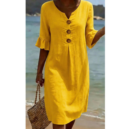🔥Robe midi unie à manches volantées pour femme✈️