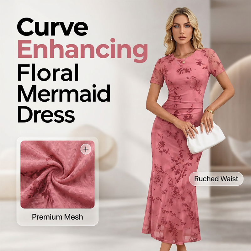 🌸 50% OFF NOW!💃 Robe sirène en maille à fleurs pour femme – Taille froncée et style romantique – Idéale pour une soirée en amoureux ✨
