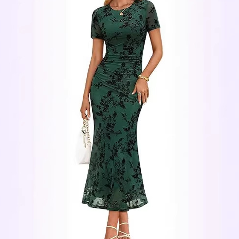 🌸 50% OFF NOW!💃 Robe sirène en maille à fleurs pour femme – Taille froncée et style romantique – Idéale pour une soirée en amoureux ✨