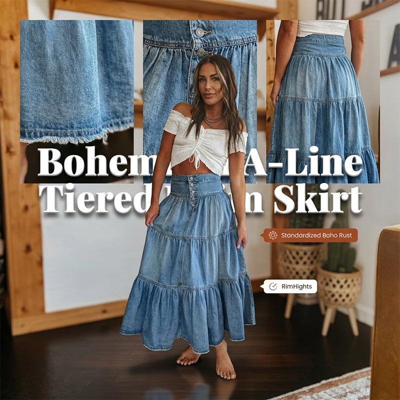 👗 PROMO LIMITÉE 50% DE RÉDUCTION ! ✨ Jupe Maxi Denim – Taille Haute, Évasée, Étagée ✨