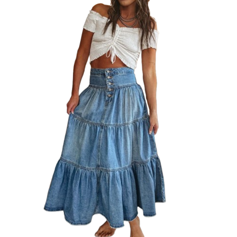 👗 PROMO LIMITÉE 50% DE RÉDUCTION ! ✨ Jupe Maxi Denim – Taille Haute, Évasée, Étagée ✨