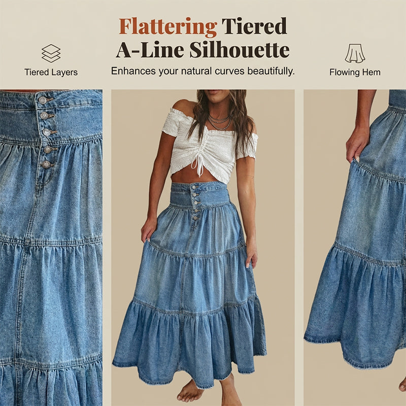 👗 PROMO LIMITÉE 50% DE RÉDUCTION ! ✨ Jupe Maxi Denim – Taille Haute, Évasée, Étagée ✨