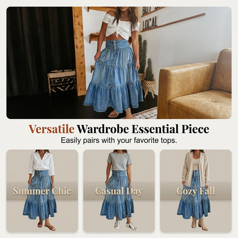 👗 PROMO LIMITÉE 50% DE RÉDUCTION ! ✨ Jupe Maxi Denim – Taille Haute, Évasée, Étagée ✨