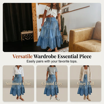 👗 PROMO LIMITÉE 50% DE RÉDUCTION ! ✨ Jupe Maxi Denim – Taille Haute, Évasée, Étagée ✨