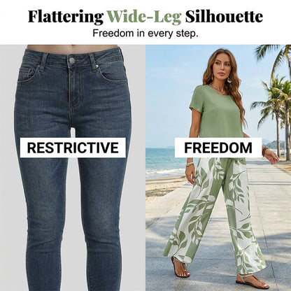 Ensemble Femme Deux Pièces Pantalon Large à Imprimé Feuillage