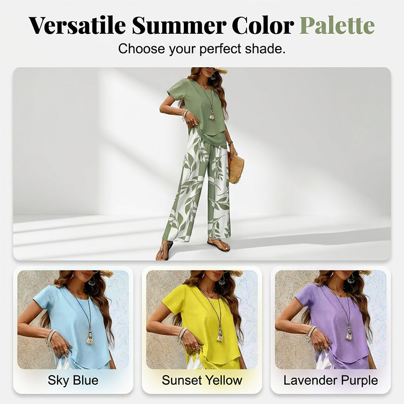 Ensemble Femme Deux Pièces Pantalon Large à Imprimé Feuillage