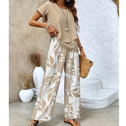 Ensemble Femme Deux Pièces Pantalon Large à Imprimé Feuillage