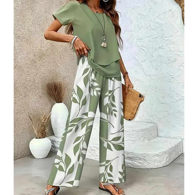 Ensemble Femme Deux Pièces Pantalon Large à Imprimé Feuillage