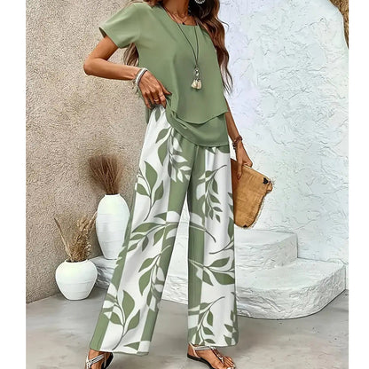 Ensemble Femme Deux Pièces Pantalon Large à Imprimé Feuillage