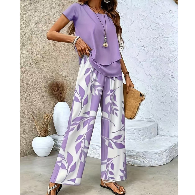 Ensemble Femme Deux Pièces Pantalon Large à Imprimé Feuillage