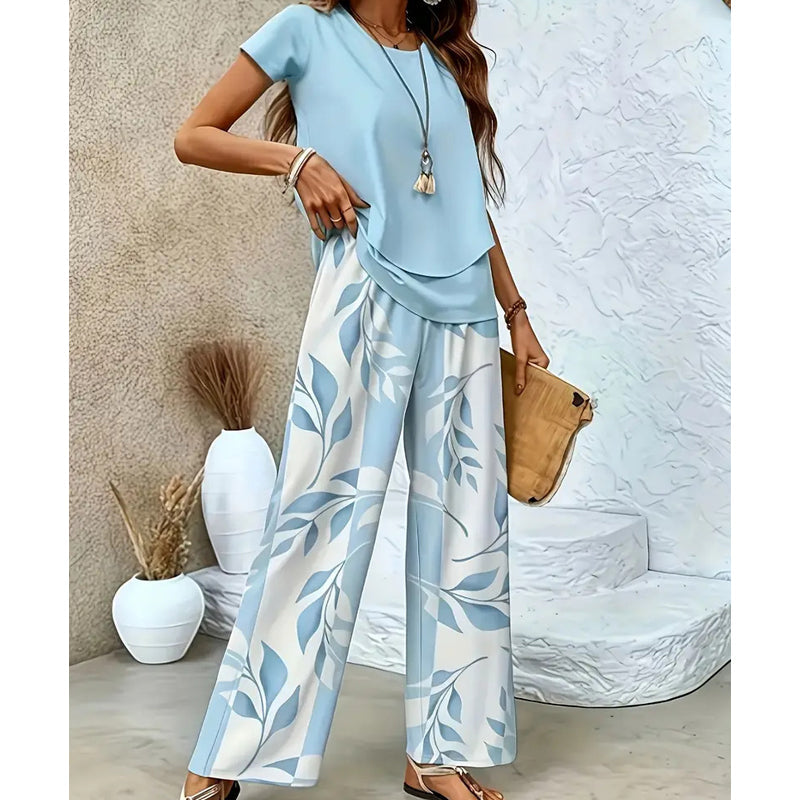 Ensemble Femme Deux Pièces Pantalon Large à Imprimé Feuillage