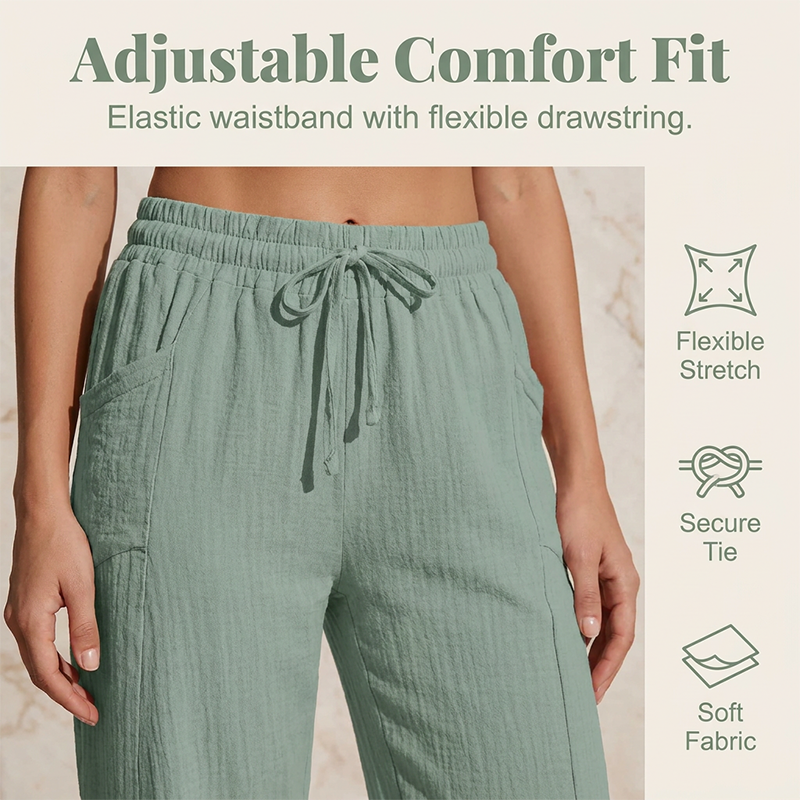 Pantalon court plissé en coton et lin uni pour femme