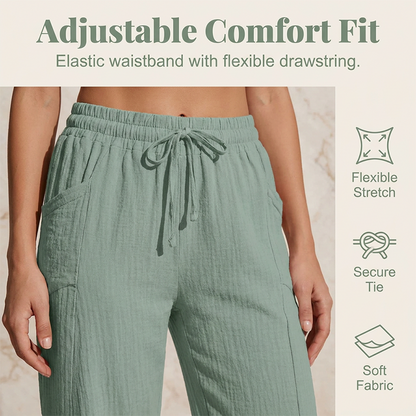Pantalon court plissé en coton et lin uni pour femme