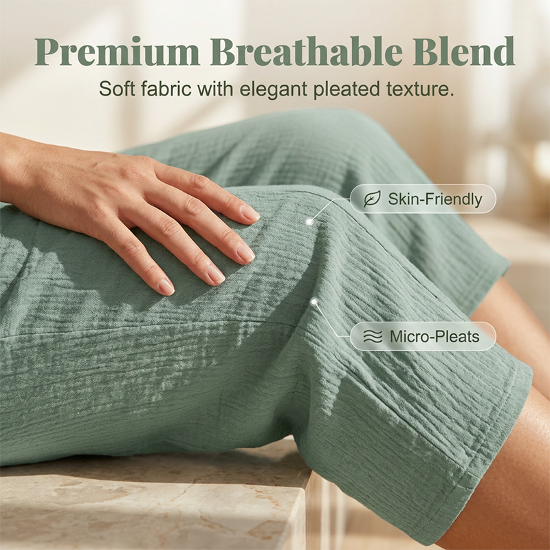 Pantalon court plissé en coton et lin uni pour femme