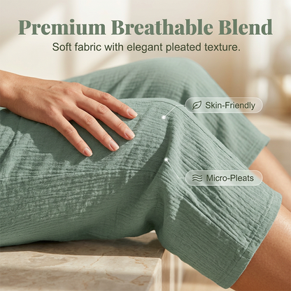 Pantalon court plissé en coton et lin uni pour femme