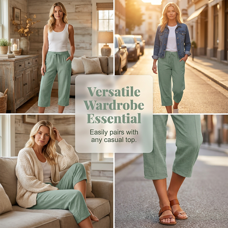 Pantalon court plissé en coton et lin uni pour femme
