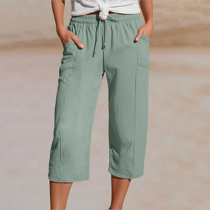 Pantalon court plissé en coton et lin uni pour femme
