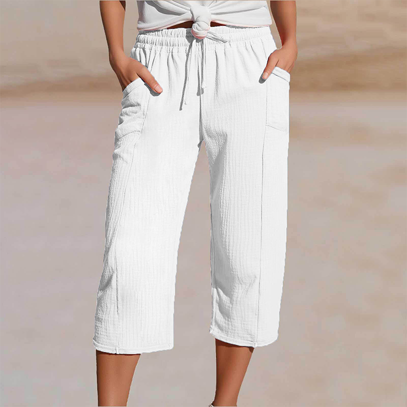 Pantalon court plissé en coton et lin uni pour femme