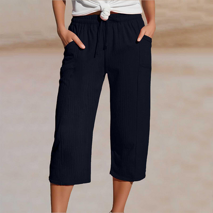 Pantalon court plissé en coton et lin uni pour femme