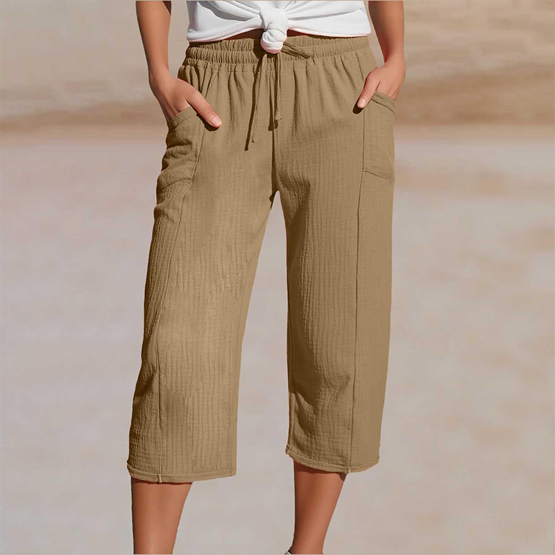 Pantalon court plissé en coton et lin uni pour femme