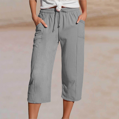 Pantalon court plissé en coton et lin uni pour femme