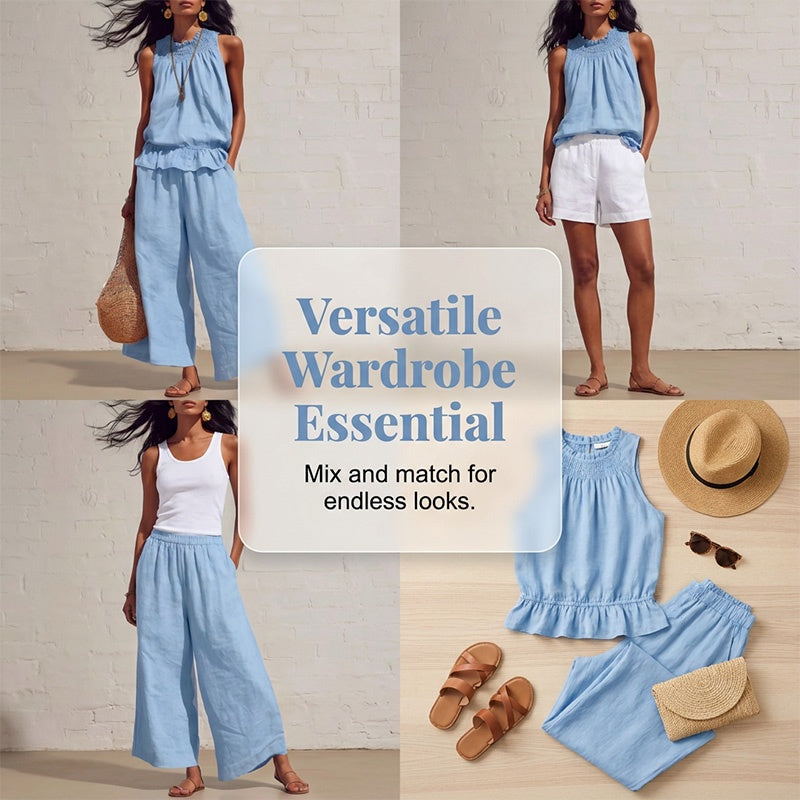 🔥Offre spéciale Nouveautés 2026 - Ensemble femme composé d'un haut sans manches à encolure smockée et d'un pantalon