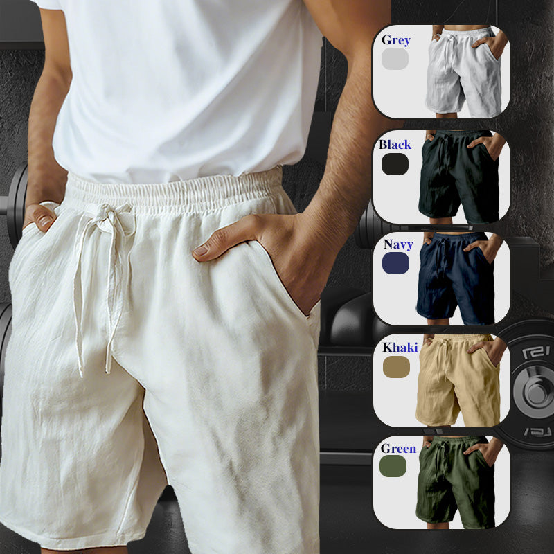 (S-3XL) 🌿 Short homme en coton et lin uni, cordon de serrage élastique