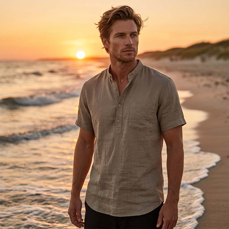 Chemise Henley Homme à Manches Courtes en Mélange de Lin