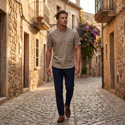 Chemise Henley Homme à Manches Courtes en Mélange de Lin