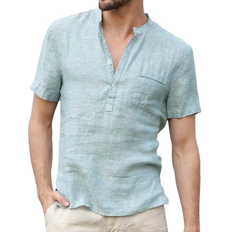 Chemise Henley Homme à Manches Courtes en Mélange de Lin