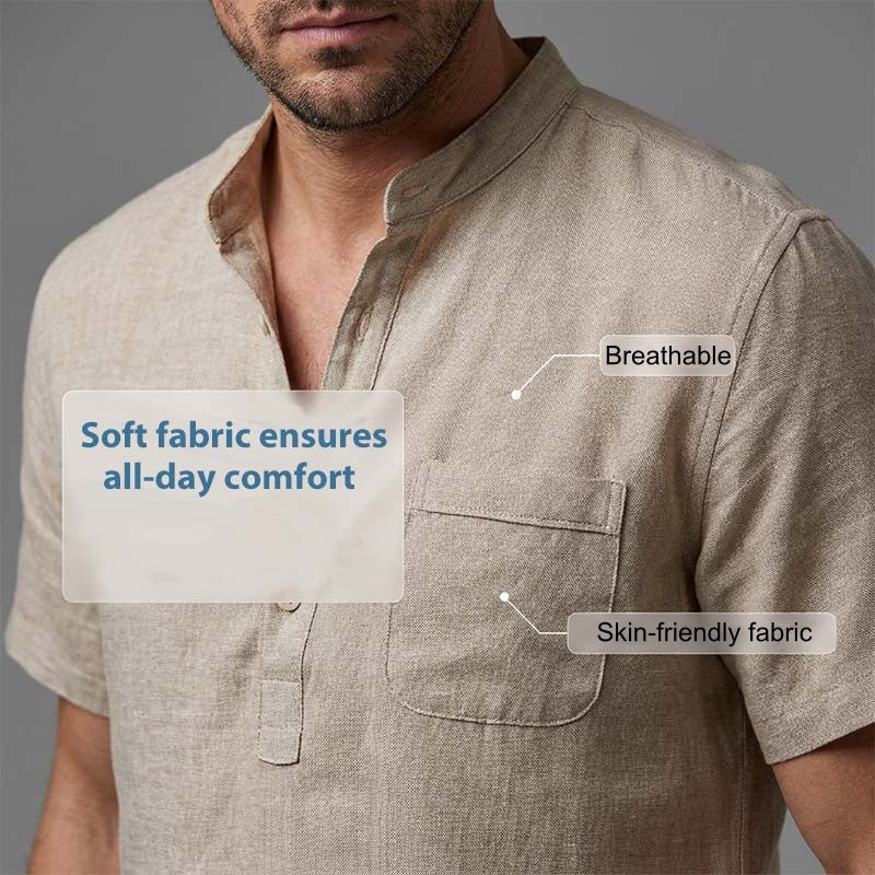 Chemise Henley Homme à Manches Courtes en Mélange de Lin