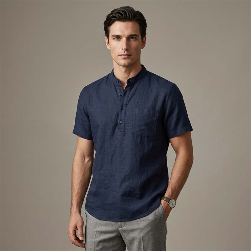 Chemise Henley Homme à Manches Courtes en Mélange de Lin
