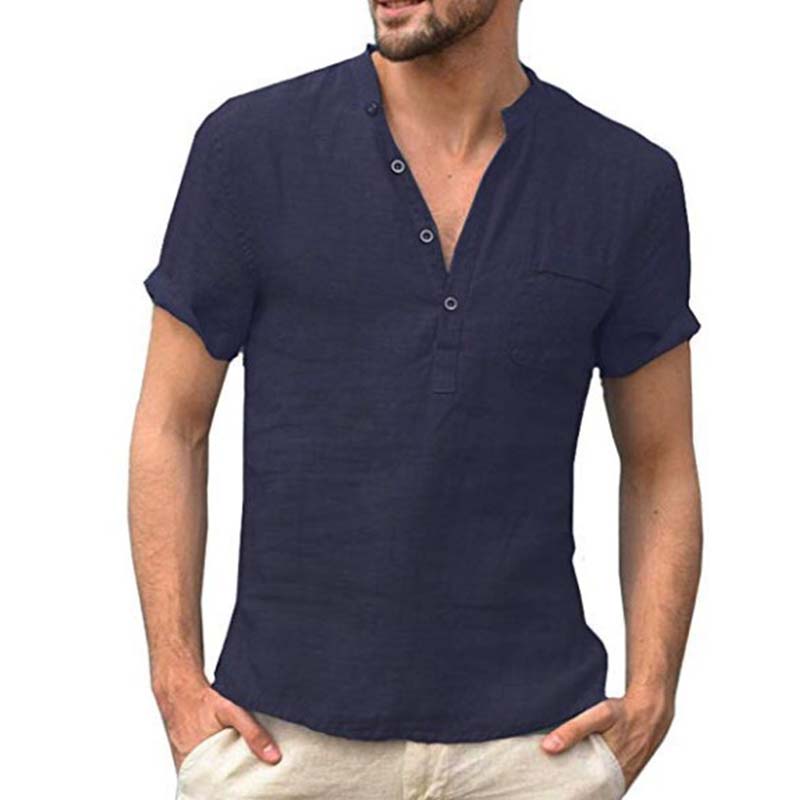 Chemise Henley Homme à Manches Courtes en Mélange de Lin