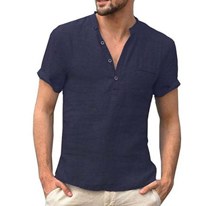 Chemise Henley Homme à Manches Courtes en Mélange de Lin