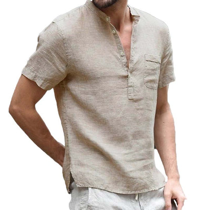 Chemise Henley Homme à Manches Courtes en Mélange de Lin