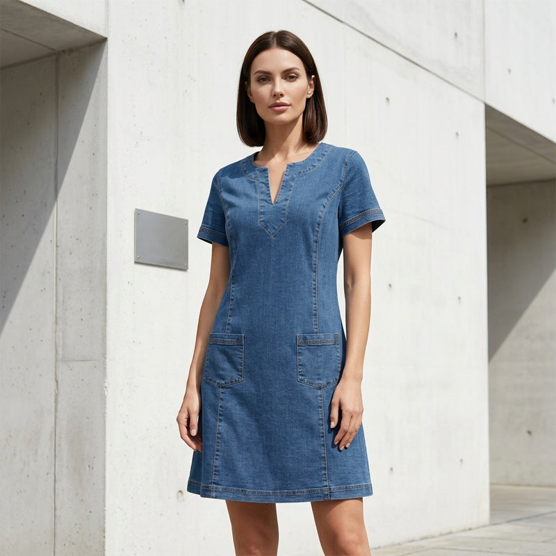 👗 OFFRE LIMITÉE - 50% DE RÉDUCTION ! ✨ Robe en denim pour femmes – Col en V, manches courtes, style décontracté ✨