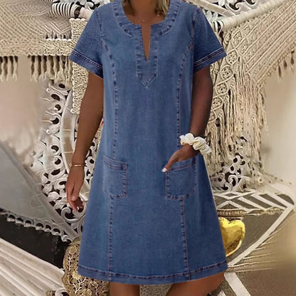 👗 OFFRE LIMITÉE - 50% DE RÉDUCTION ! ✨ Robe en denim pour femmes – Col en V, manches courtes, style décontracté ✨