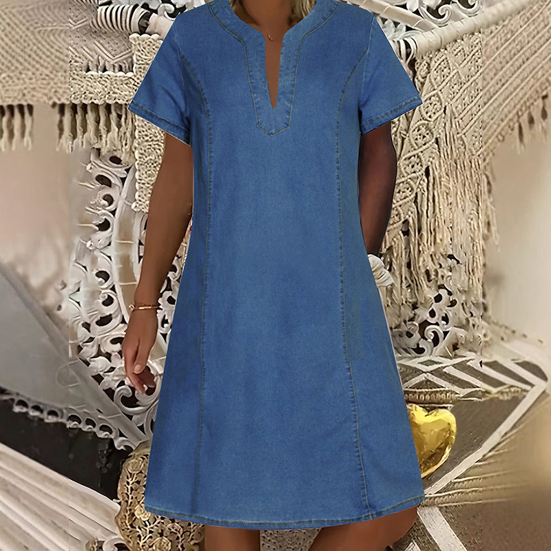 👗 OFFRE LIMITÉE - 50% DE RÉDUCTION ! ✨ Robe en denim pour femmes – Col en V, manches courtes, style décontracté ✨