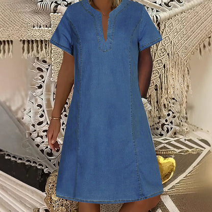 👗 OFFRE LIMITÉE - 50% DE RÉDUCTION ! ✨ Robe en denim pour femmes – Col en V, manches courtes, style décontracté ✨