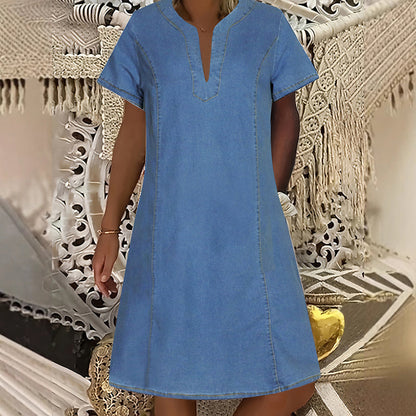 👗 OFFRE LIMITÉE - 50% DE RÉDUCTION ! ✨ Robe en denim pour femmes – Col en V, manches courtes, style décontracté ✨