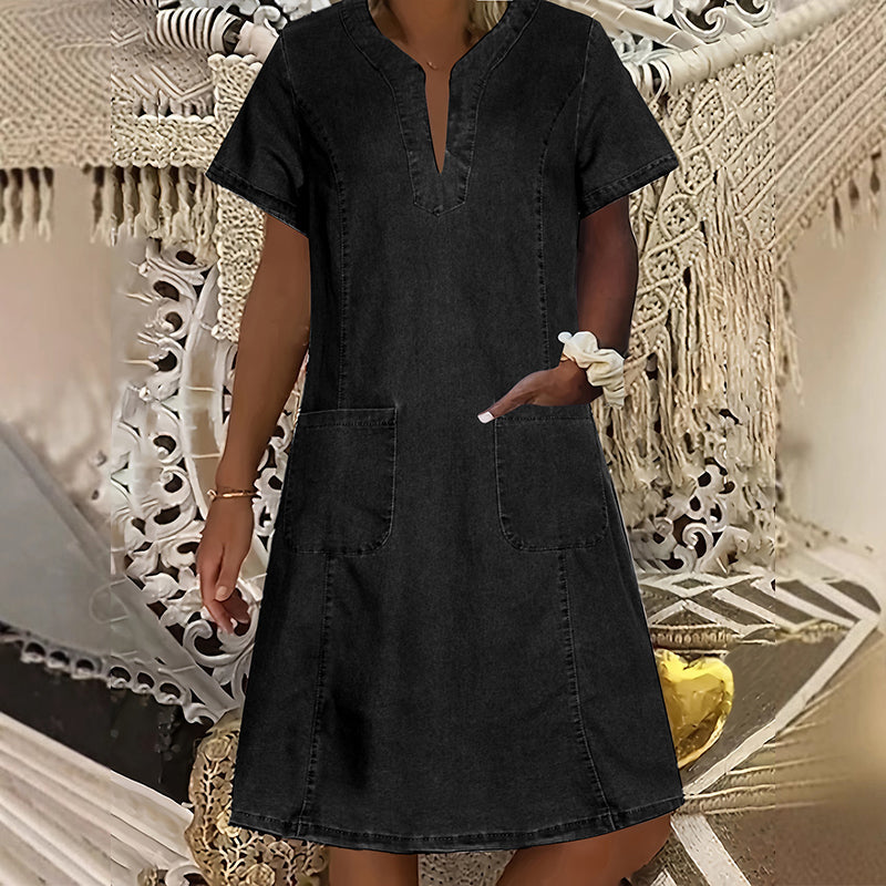 👗 OFFRE LIMITÉE - 50% DE RÉDUCTION ! ✨ Robe en denim pour femmes – Col en V, manches courtes, style décontracté ✨