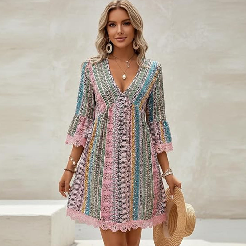 Robe Courte Bohème à Imprimé et Col V pour Femme