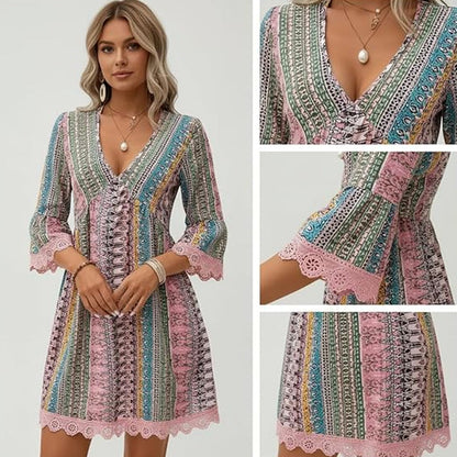 Robe Courte Bohème à Imprimé et Col V pour Femme