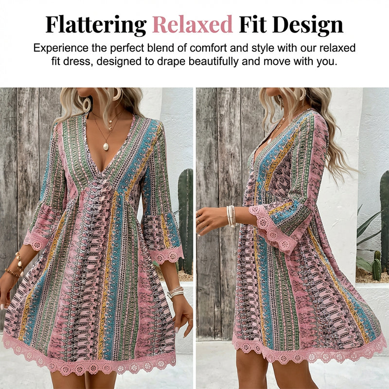 Robe Courte Bohème à Imprimé et Col V pour Femme