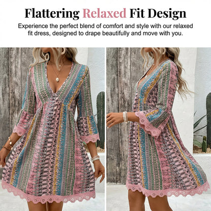Robe Courte Bohème à Imprimé et Col V pour Femme