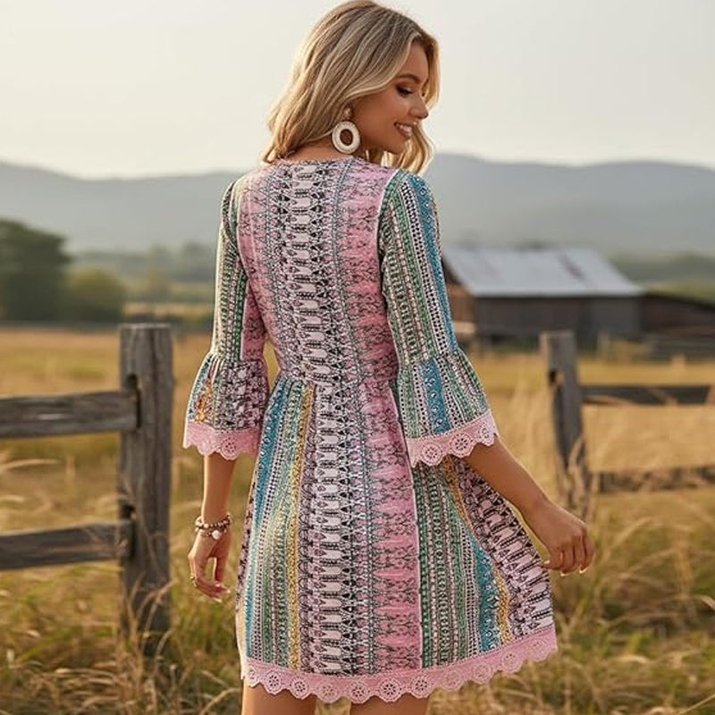 Robe Courte Bohème à Imprimé et Col V pour Femme