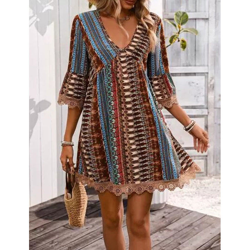 Robe Courte Bohème à Imprimé et Col V pour Femme